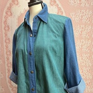 Colorblock Denim & Green Button Front Shirt | M